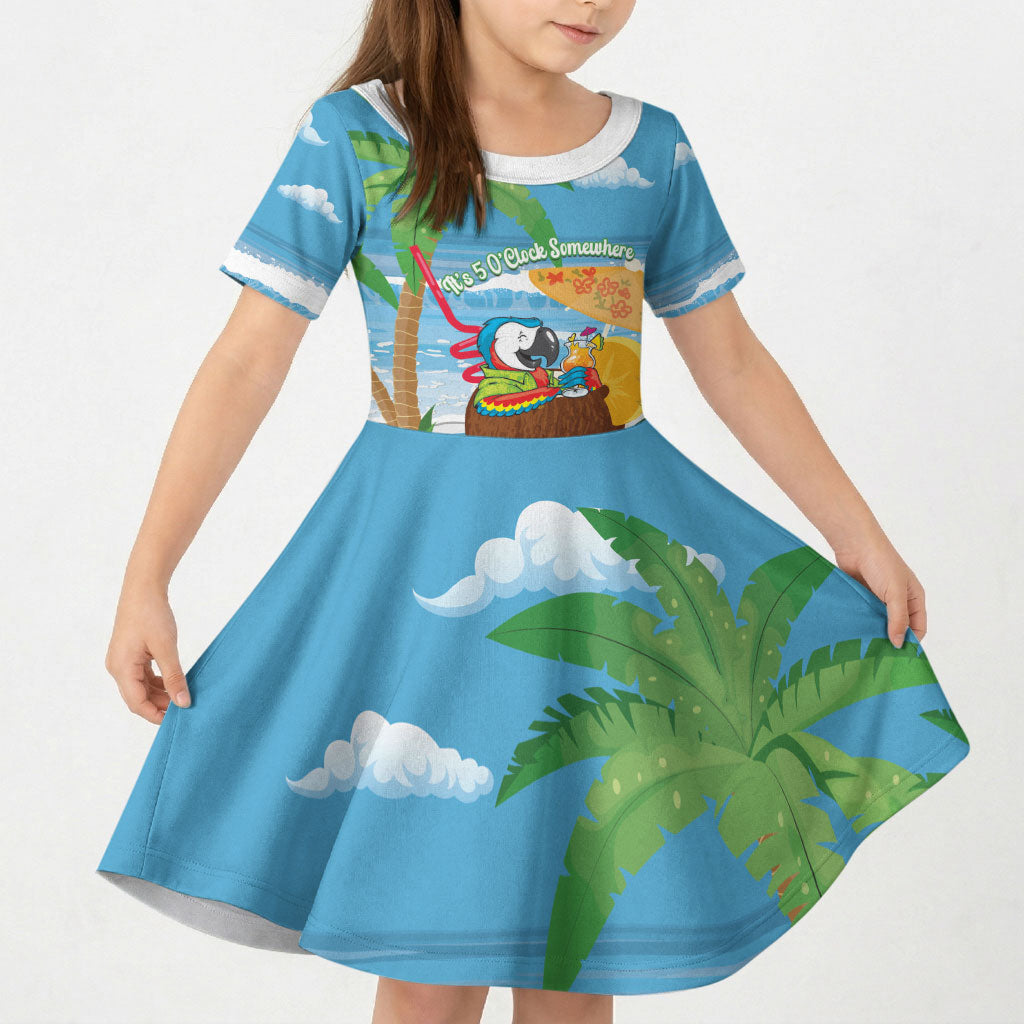Chilling Parrot Hawaii Summer Christmas Personalized Kid Short Sleeve Dress It's 5 O'Clock Somewhere Beachy Vibes LT14 KID Blue - Polynesian Pride