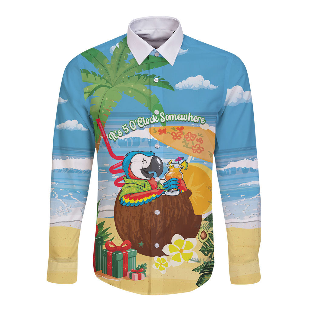 Chilling Parrot Hawaii Summer Christmas Personalized Long Sleeve Button Shirt It's 5 O'Clock Somewhere Beachy Vibes