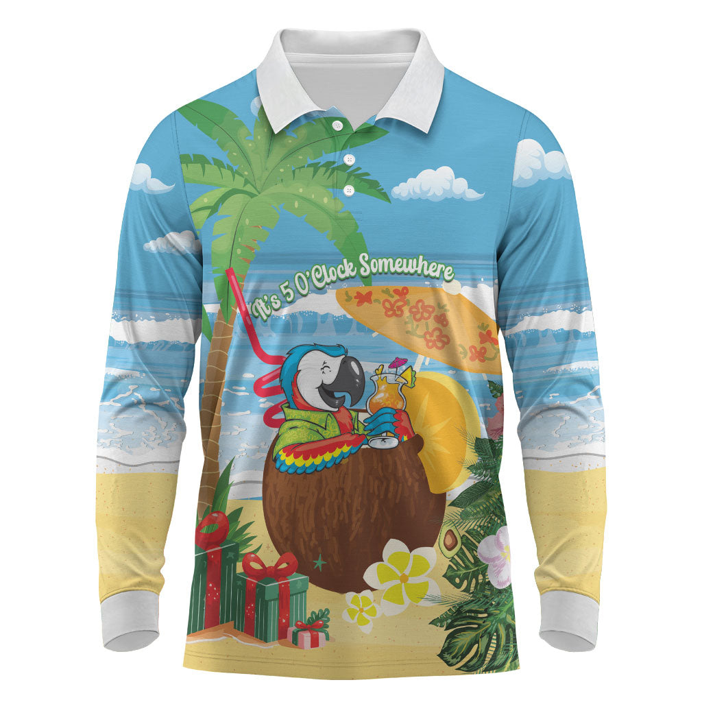 Chilling Parrot Hawaii Summer Christmas Personalized Long Sleeve Polo Shirt It's 5 O'Clock Somewhere Beachy Vibes LT14 Blue - Polynesian Pride