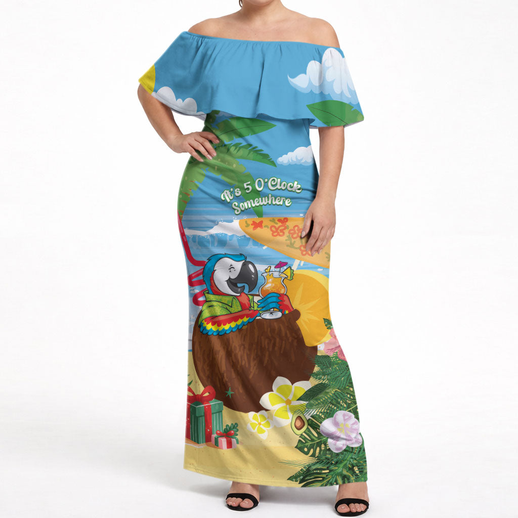 Chilling Parrot Hawaii Summer Christmas Personalized Off Shoulder Maxi Dress It's 5 O'Clock Somewhere Beachy Vibes LT14 Women Blue - Polynesian Pride