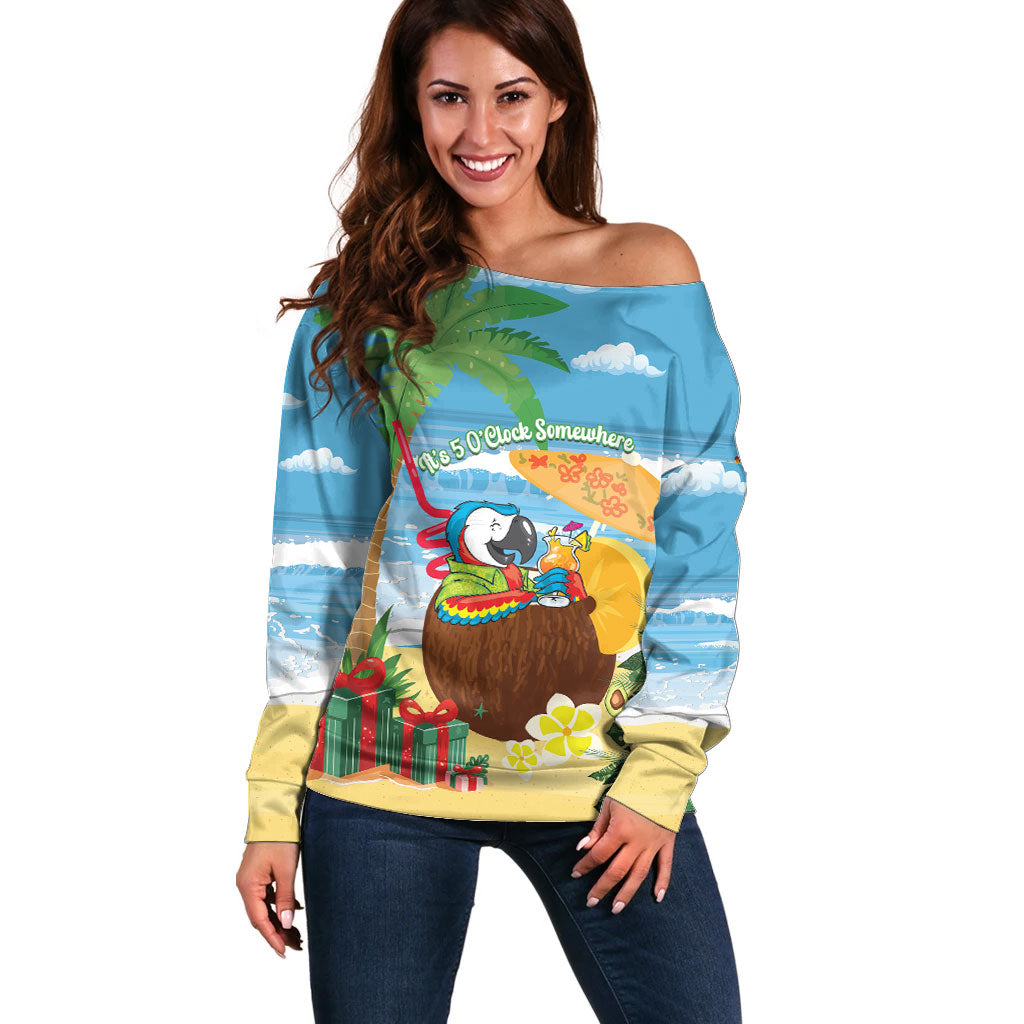 Chilling Parrot Hawaii Summer Christmas Personalized Off Shoulder Sweater It's 5 O'Clock Somewhere Beachy Vibes LT14 Women Blue - Polynesian Pride