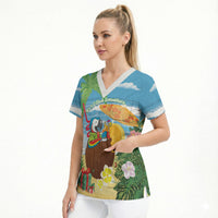 Chilling Parrot Hawaii Summer Christmas Personalized Scrub Top It's 5 O'Clock Somewhere Beachy Vibes