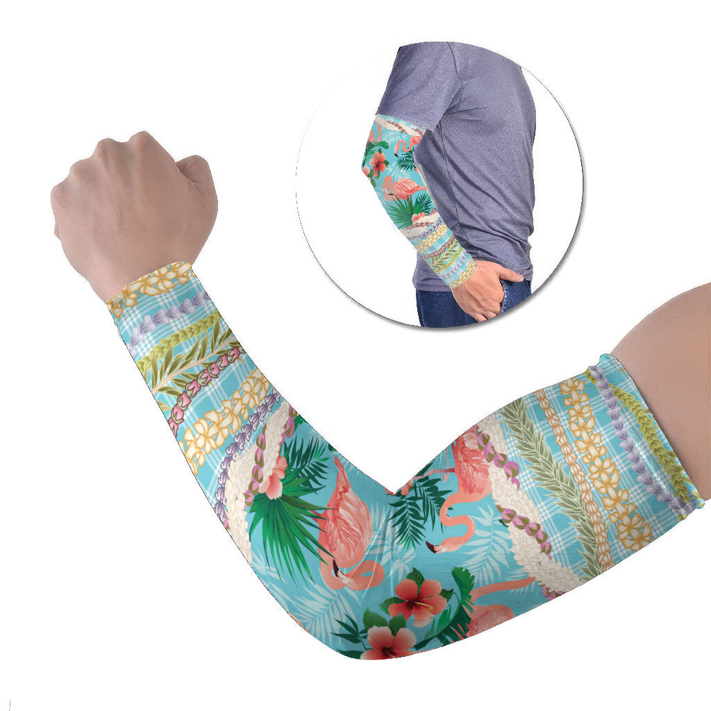 Flamingo Hawaii Summer Arm Sleeves Hawaiian Lei Pakala Motifs Tropical Style LT14 Set of 2 Cyan - Polynesian Pride