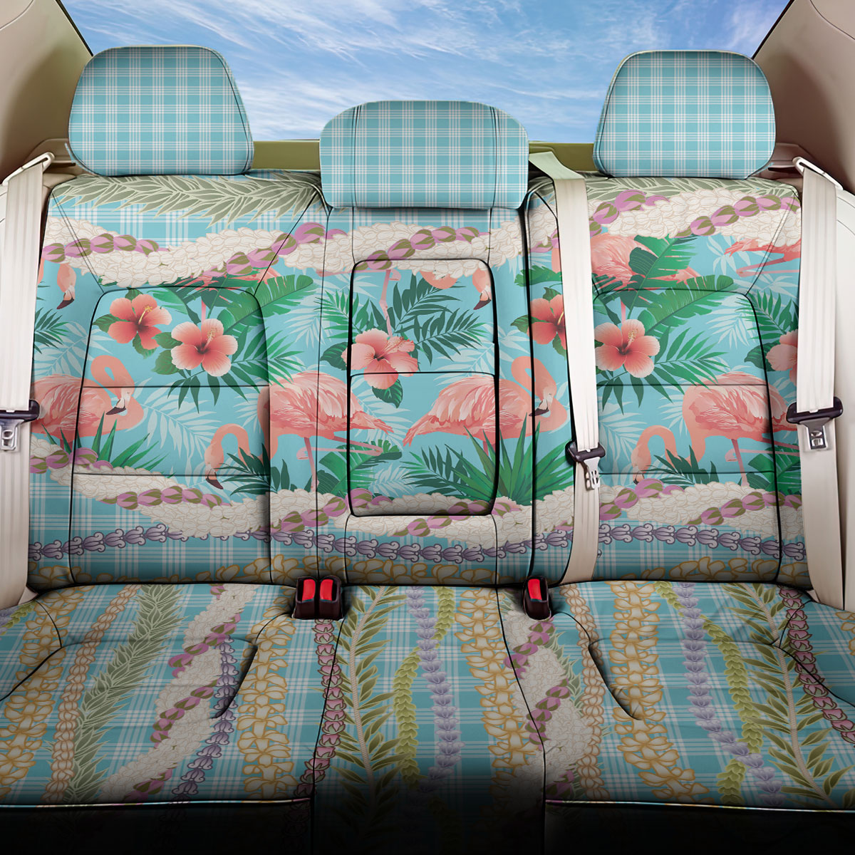 Flamingo Hawaii Summer Back Car Seat Cover Hawaiian Lei Pakala Motifs Tropical Style LT14 One Size Cyan - Polynesian Pride