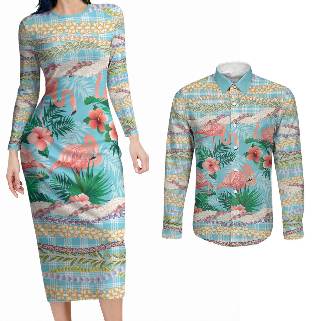 Flamingo Hawaii Summer Couples Matching Long Sleeve Bodycon Dress and Long Sleeve Button Shirt Hawaiian Lei Pakala Motifs Tropical Style LT14 Cyan - Polynesian Pride