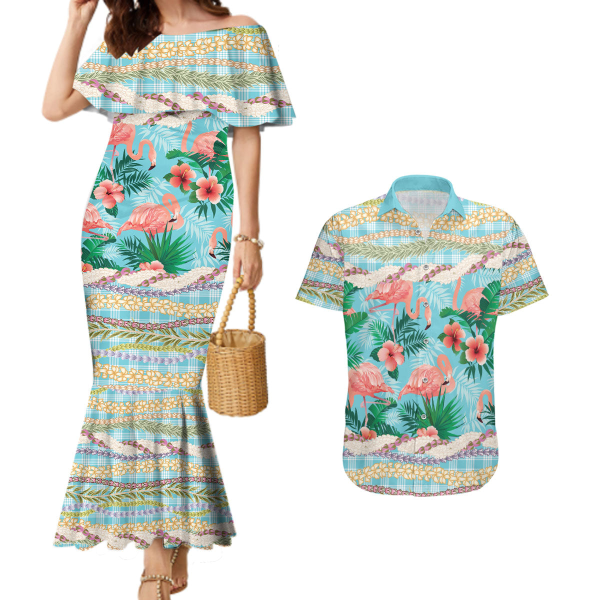 Flamingo Hawaii Summer Couples Matching Mermaid Dress and Hawaiian Shirt Hawaiian Lei Pakala Motifs Tropical Style LT14 Cyan - Polynesian Pride