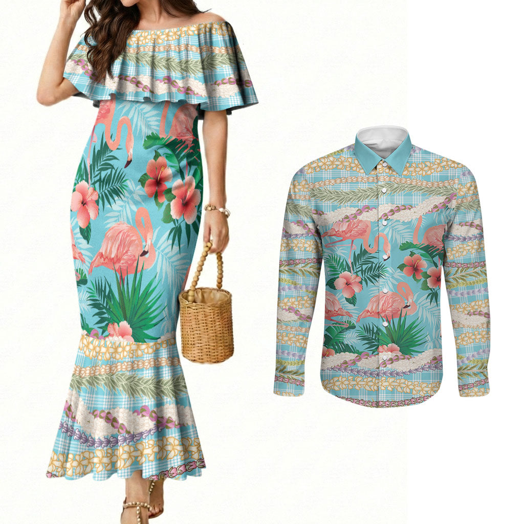 Flamingo Hawaii Summer Couples Matching Mermaid Dress and Long Sleeve Button Shirt Hawaiian Lei Pakala Motifs Tropical Style LT14 Cyan - Polynesian Pride