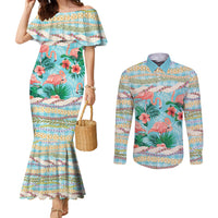 Flamingo Hawaii Summer Couples Matching Mermaid Dress and Long Sleeve Button Shirt Hawaiian Lei Pakala Motifs Tropical Style LT14 Cyan - Polynesian Pride