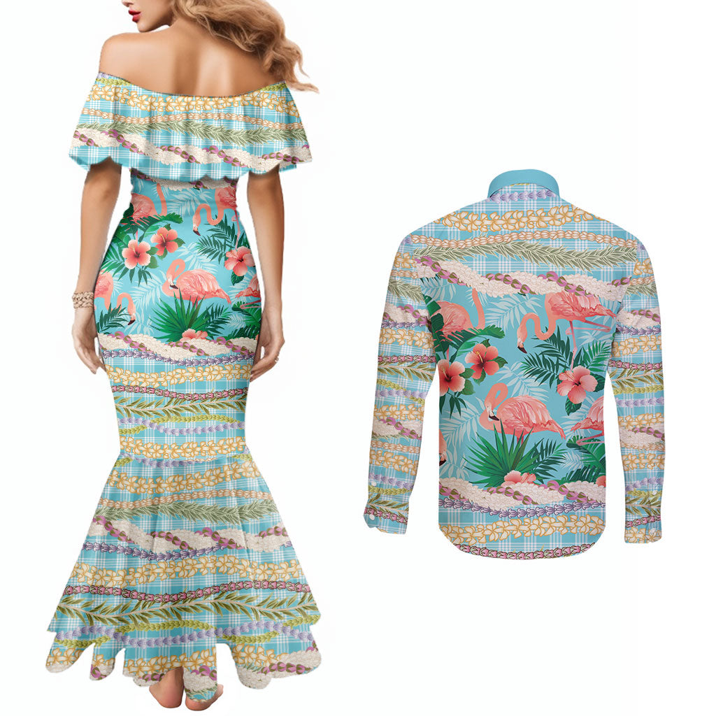 Flamingo Hawaii Summer Couples Matching Mermaid Dress and Long Sleeve Button Shirt Hawaiian Lei Pakala Motifs Tropical Style LT14 - Polynesian Pride