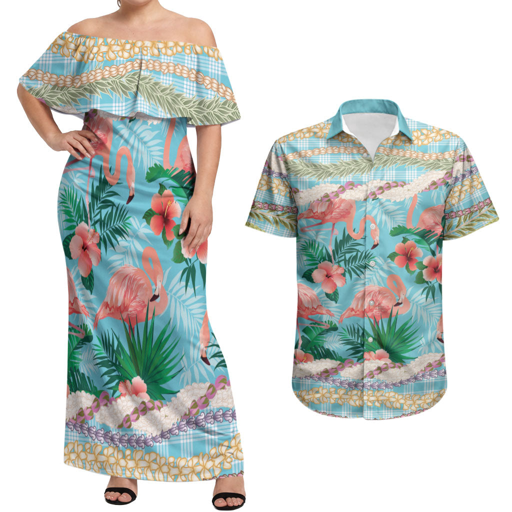 Flamingo Hawaii Summer Couples Matching Off Shoulder Maxi Dress and Hawaiian Shirt Hawaiian Lei Pakala Motifs Tropical Style LT14 Cyan - Polynesian Pride