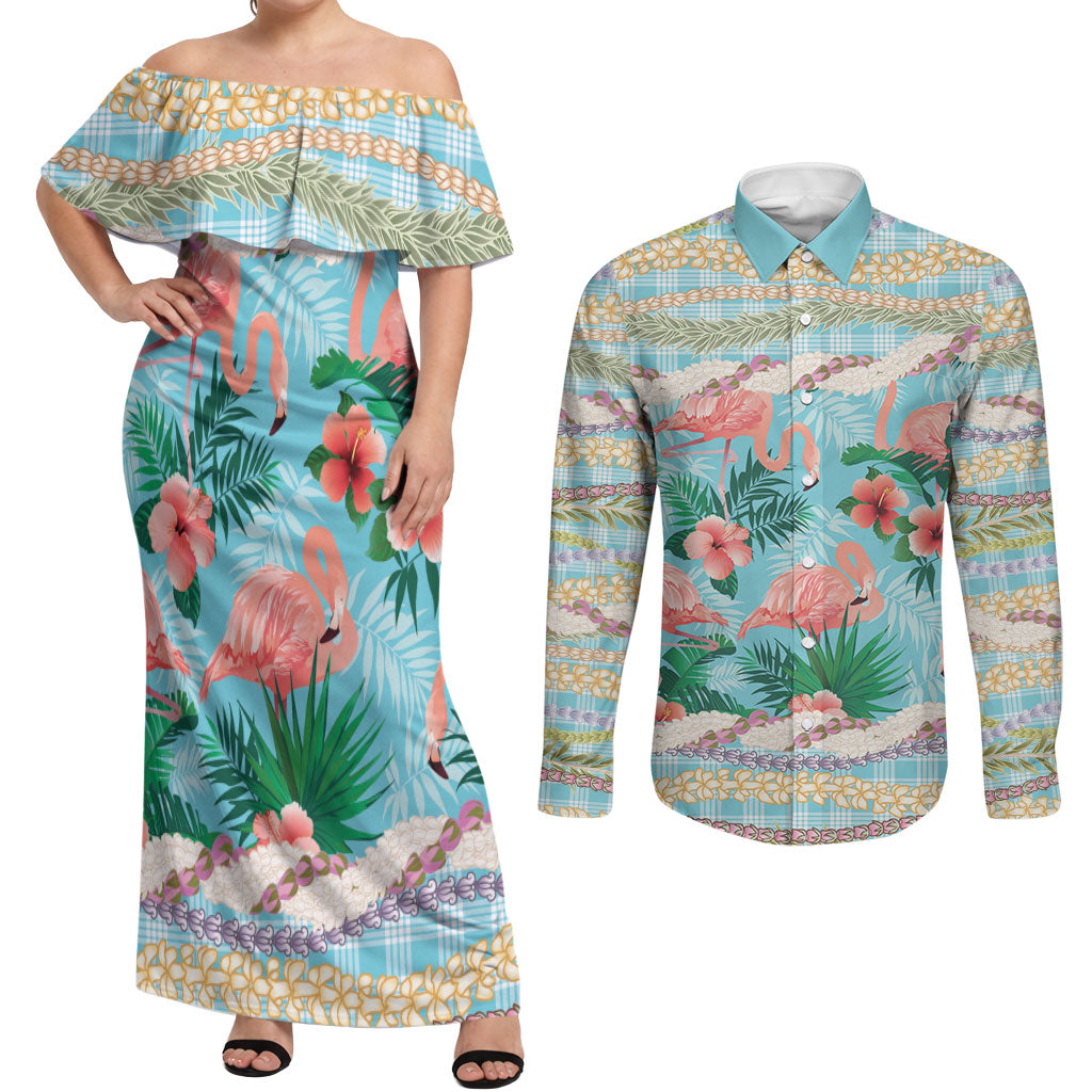 Flamingo Hawaii Summer Couples Matching Off Shoulder Maxi Dress and Long Sleeve Button Shirt Hawaiian Lei Pakala Motifs Tropical Style LT14 Cyan - Polynesian Pride