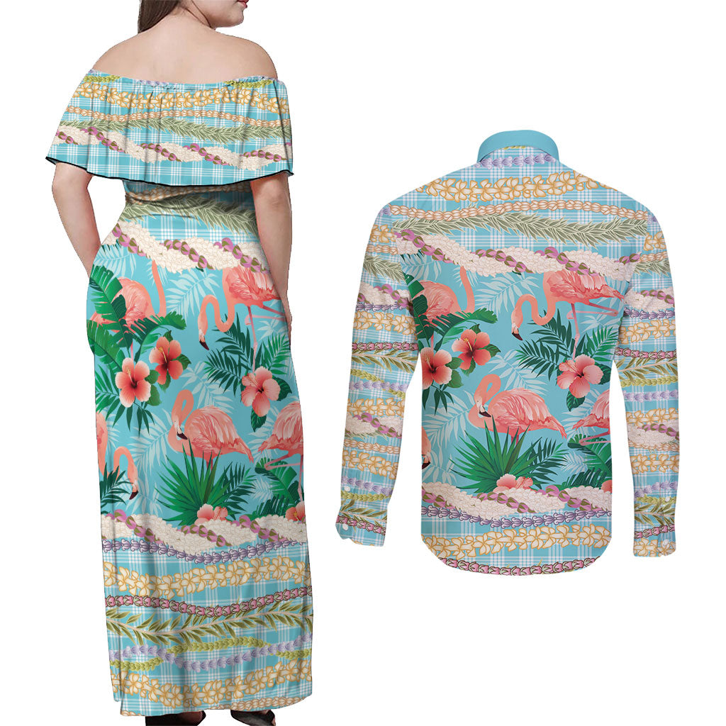 Flamingo Hawaii Summer Couples Matching Off Shoulder Maxi Dress and Long Sleeve Button Shirt Hawaiian Lei Pakala Motifs Tropical Style LT14 - Polynesian Pride