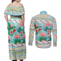 Flamingo Hawaii Summer Couples Matching Off Shoulder Maxi Dress and Long Sleeve Button Shirt Hawaiian Lei Pakala Motifs Tropical Style LT14 - Polynesian Pride