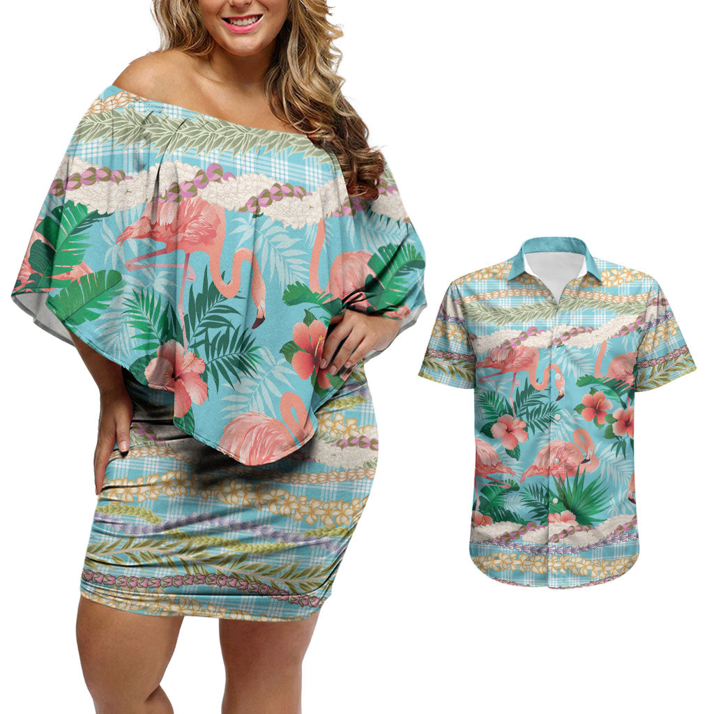 Flamingo Hawaii Summer Couples Matching Off Shoulder Short Dress and Hawaiian Shirt Hawaiian Lei Pakala Motifs Tropical Style LT14 Cyan - Polynesian Pride