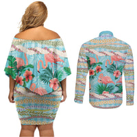 Flamingo Hawaii Summer Couples Matching Off Shoulder Short Dress and Long Sleeve Button Shirt Hawaiian Lei Pakala Motifs Tropical Style LT14 - Polynesian Pride