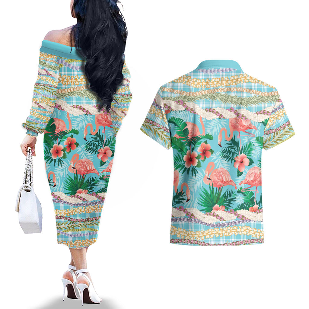 Flamingo Hawaii Summer Couples Matching Off The Shoulder Long Sleeve Dress and Hawaiian Shirt Hawaiian Lei Pakala Motifs Tropical Style LT14 - Polynesian Pride