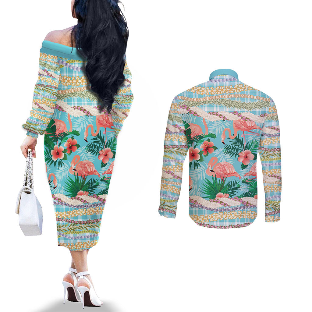 Flamingo Hawaii Summer Couples Matching Off The Shoulder Long Sleeve Dress and Long Sleeve Button Shirt Hawaiian Lei Pakala Motifs Tropical Style LT14 - Polynesian Pride