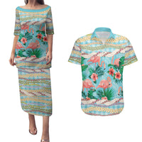 Flamingo Hawaii Summer Couples Matching Puletasi and Hawaiian Shirt Hawaiian Lei Pakala Motifs Tropical Style LT14 Cyan - Polynesian Pride