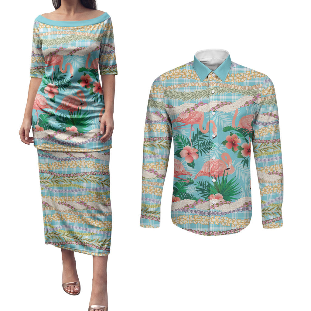 Flamingo Hawaii Summer Couples Matching Puletasi and Long Sleeve Button Shirt Hawaiian Lei Pakala Motifs Tropical Style LT14 Cyan - Polynesian Pride