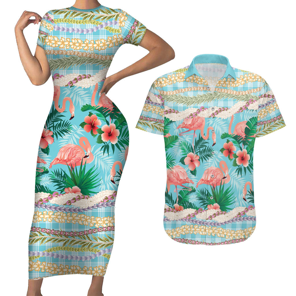Flamingo Hawaii Summer Couples Matching Short Sleeve Bodycon Dress and Hawaiian Shirt Hawaiian Lei Pakala Motifs Tropical Style LT14 Cyan - Polynesian Pride