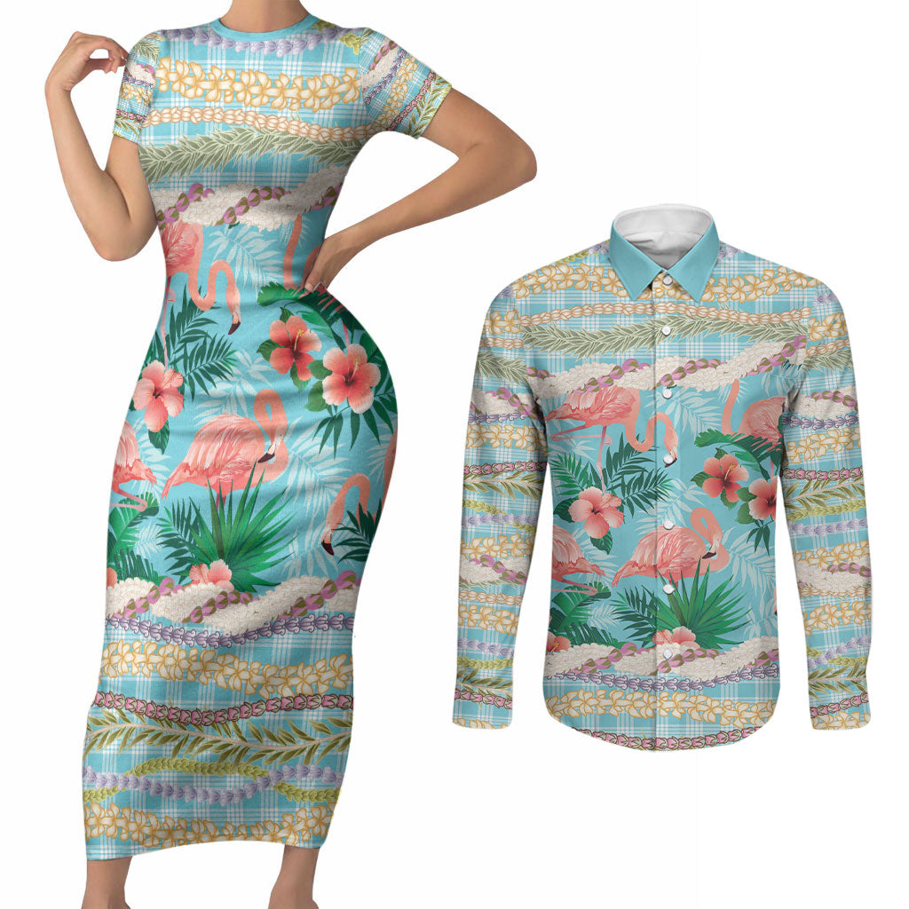 Flamingo Hawaii Summer Couples Matching Short Sleeve Bodycon Dress and Long Sleeve Button Shirt Hawaiian Lei Pakala Motifs Tropical Style LT14 Cyan - Polynesian Pride