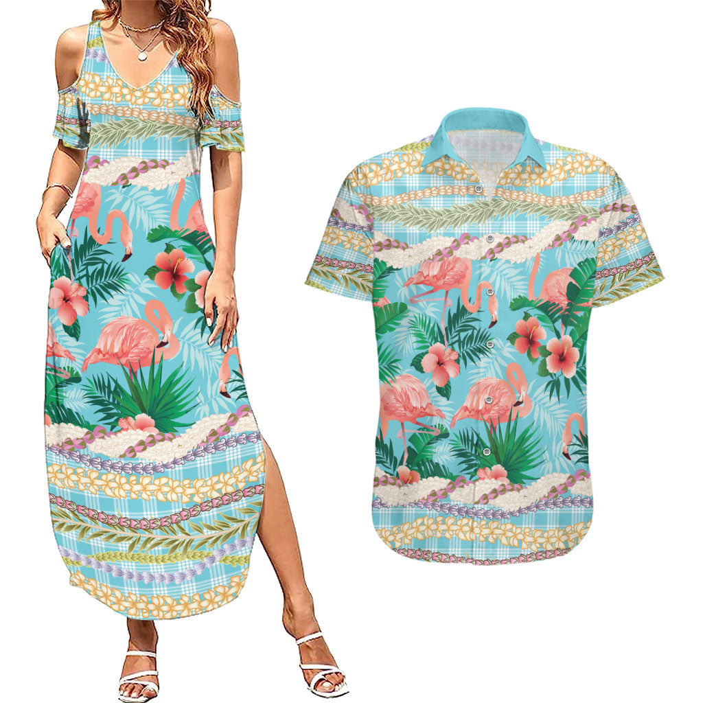 Flamingo Hawaii Summer Couples Matching Summer Maxi Dress and Hawaiian Shirt Hawaiian Lei Pakala Motifs Tropical Style LT14 Cyan - Polynesian Pride