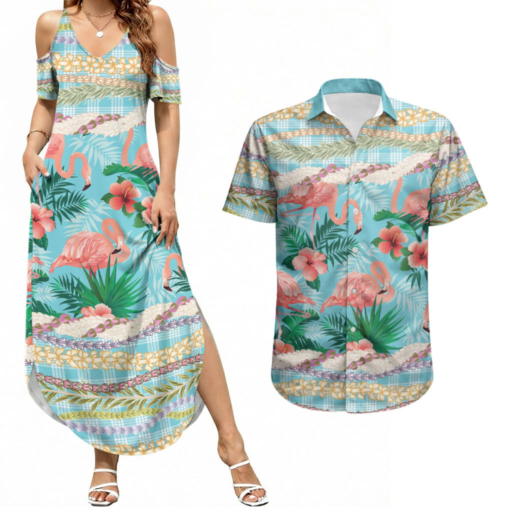 Flamingo Hawaii Summer Couples Matching Summer Maxi Dress and Hawaiian Shirt Hawaiian Lei Pakala Motifs Tropical Style LT14 Cyan - Polynesian Pride