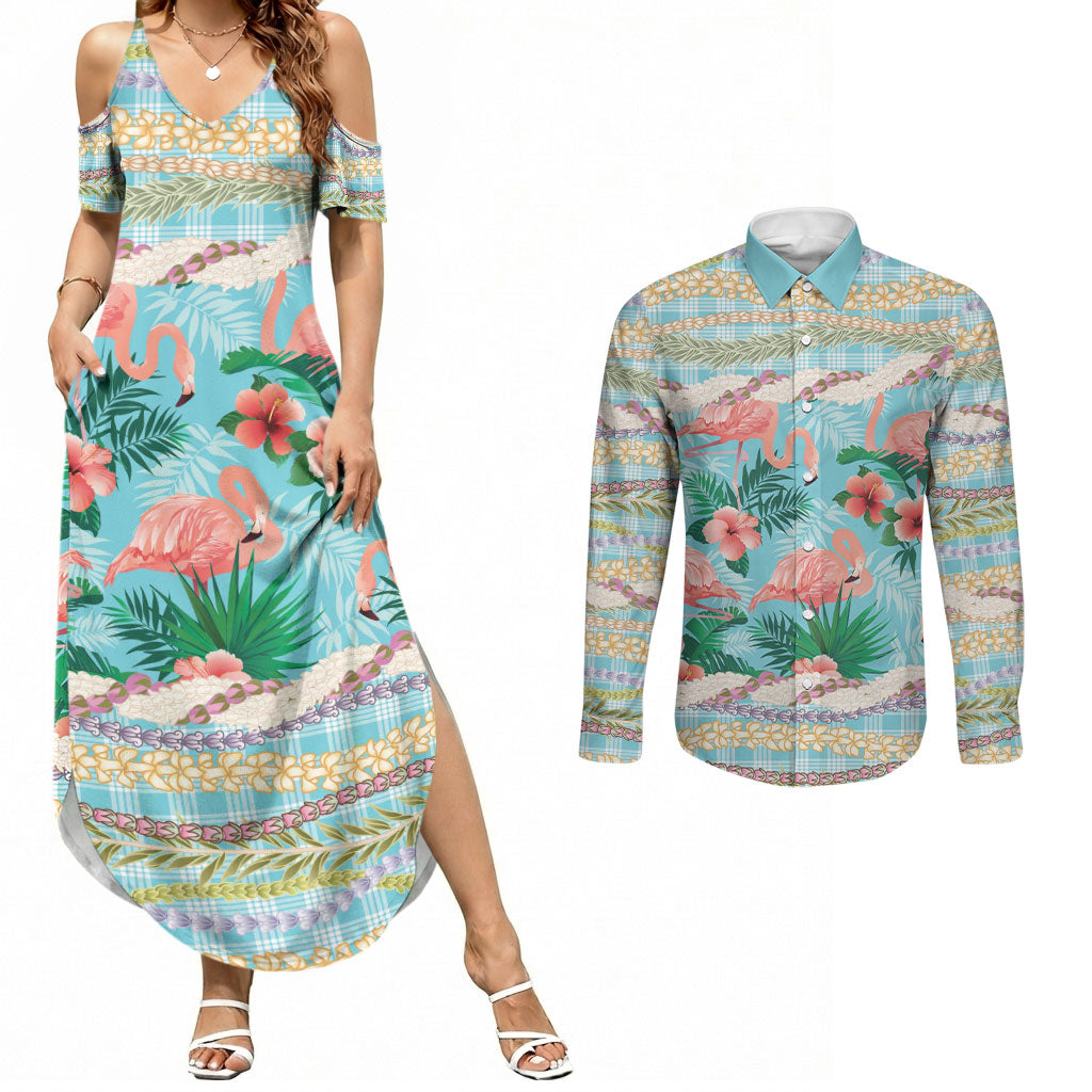 Flamingo Hawaii Summer Couples Matching Summer Maxi Dress and Long Sleeve Button Shirt Hawaiian Lei Pakala Motifs Tropical Style LT14 Cyan - Polynesian Pride
