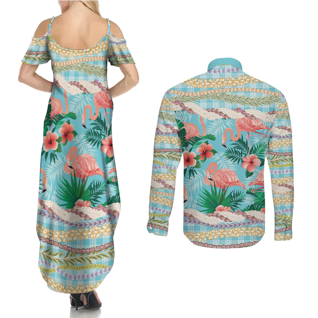 Flamingo Hawaii Summer Couples Matching Summer Maxi Dress and Long Sleeve Button Shirt Hawaiian Lei Pakala Motifs Tropical Style LT14 - Polynesian Pride