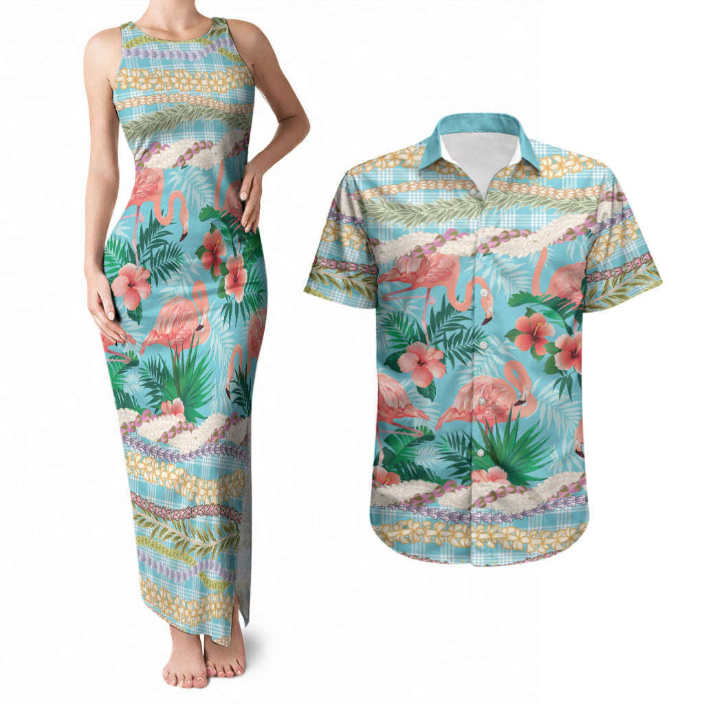 Flamingo Hawaii Summer Couples Matching Tank Maxi Dress and Hawaiian Shirt Hawaiian Lei Pakala Motifs Tropical Style LT14 Cyan - Polynesian Pride