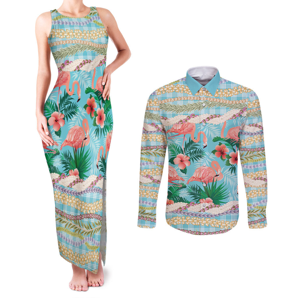 Flamingo Hawaii Summer Couples Matching Tank Maxi Dress and Long Sleeve Button Shirt Hawaiian Lei Pakala Motifs Tropical Style LT14 Cyan - Polynesian Pride
