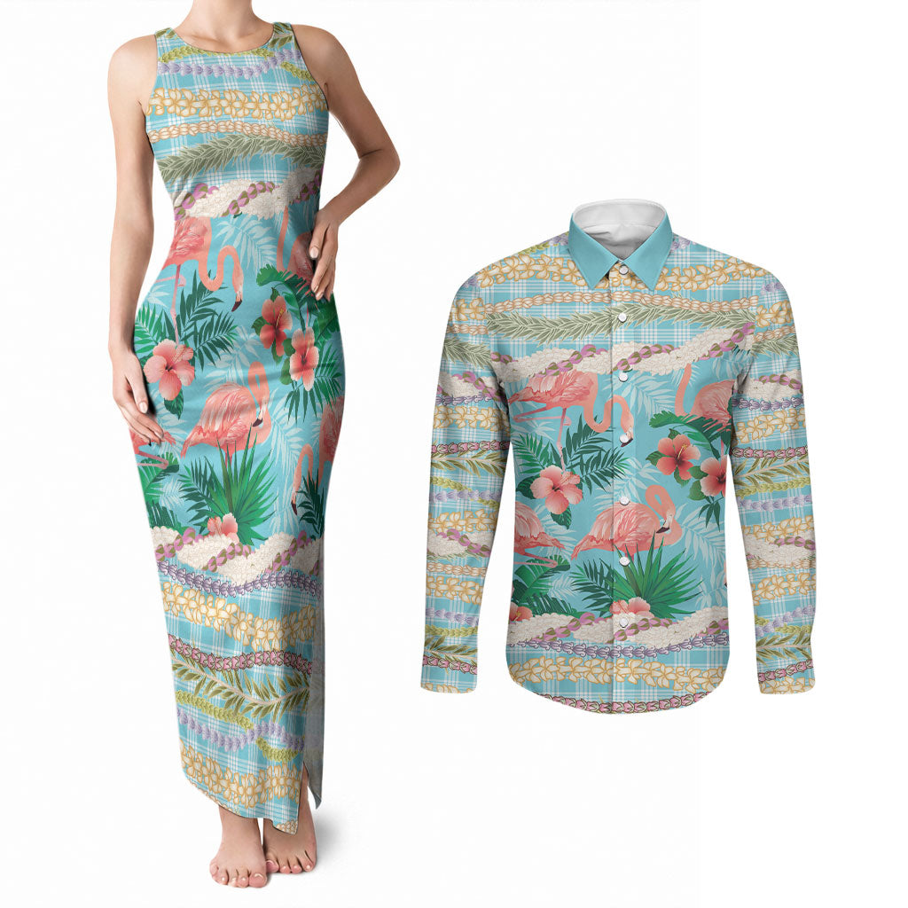 Flamingo Hawaii Summer Couples Matching Tank Maxi Dress and Long Sleeve Button Shirt Hawaiian Lei Pakala Motifs Tropical Style LT14 Cyan - Polynesian Pride