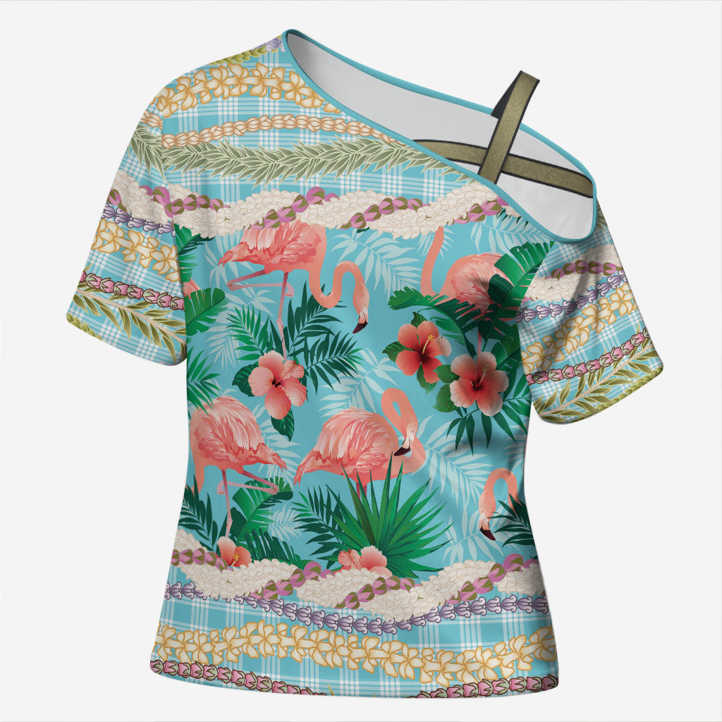 Flamingo Hawaii Summer Cross Shoulder Shirt Hawaiian Lei Pakala Motifs Tropical Style LT14 Female Cyan - Polynesian Pride