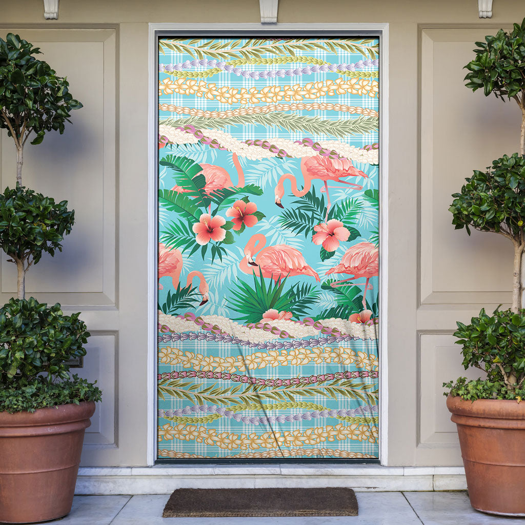Flamingo Hawaii Summer Door Cover Hawaiian Lei Pakala Motifs Tropical Style LT14 Cyan - Polynesian Pride