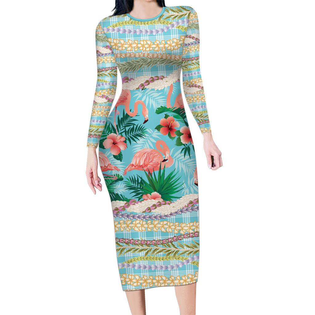 Flamingo Hawaii Summer Family Matching Long Sleeve Bodycon Dress and Hawaiian Shirt Hawaiian Lei Pakala Motifs Tropical Style LT14 Mom's Dress Cyan - Polynesian Pride
