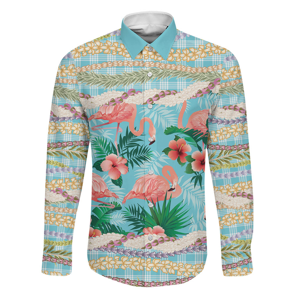 Flamingo Hawaii Summer Family Matching Mermaid Dress and Hawaiian Shirt Hawaiian Lei Pakala Motifs Tropical Style LT14 Dad's Shirt - Long Sleeve Cyan - Polynesian Pride