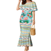 Flamingo Hawaii Summer Family Matching Mermaid Dress and Hawaiian Shirt Hawaiian Lei Pakala Motifs Tropical Style LT14 Mom's Dress Cyan - Polynesian Pride