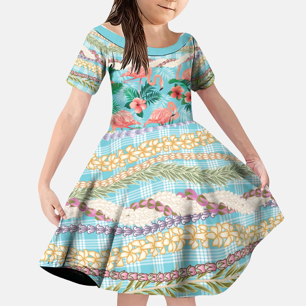 Flamingo Hawaii Summer Family Matching Off The Shoulder Long Sleeve Dress and Hawaiian Shirt Hawaiian Lei Pakala Motifs Tropical Style LT14 Daughter's Dress Cyan - Polynesian Pride
