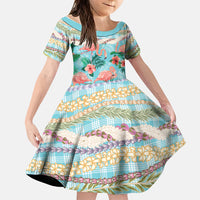 Flamingo Hawaii Summer Family Matching Off Shoulder Short Dress and Hawaiian Shirt Hawaiian Lei Pakala Motifs Tropical Style LT14 Daughter's Dress Cyan - Polynesian Pride