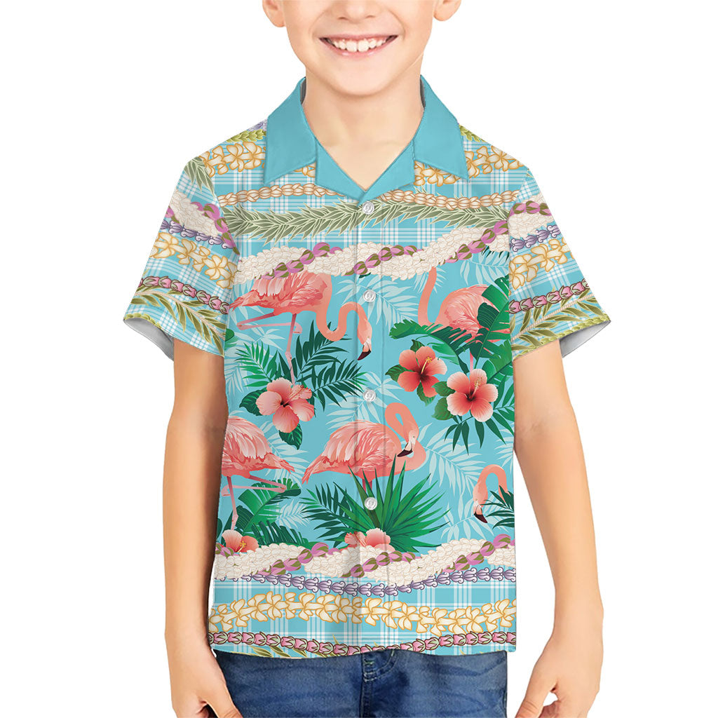 Flamingo Hawaii Summer Family Matching Off Shoulder Short Dress and Hawaiian Shirt Hawaiian Lei Pakala Motifs Tropical Style LT14 Son's Shirt Cyan - Polynesian Pride