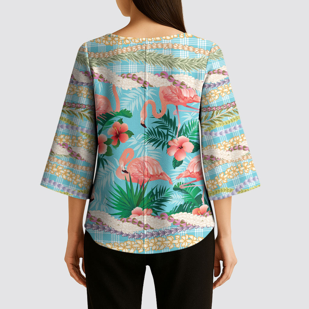 Flamingo Hawaii Summer Kimono Sleeve Blouse Hawaiian Lei Pakala Motifs Tropical Style
