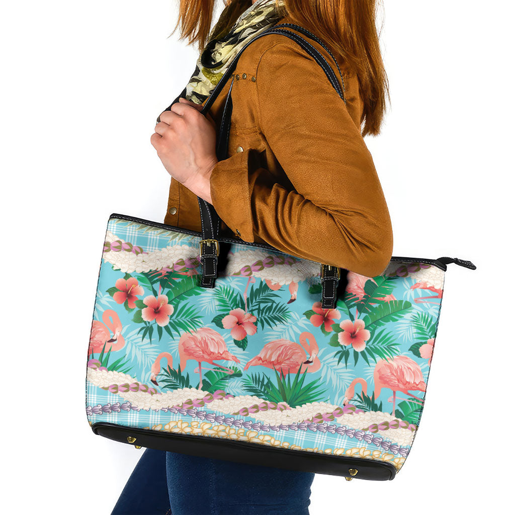 Flamingo Hawaii Summer Leather Tote Bag Hawaiian Lei Pakala Motifs Tropical Style LT14 Cyan - Polynesian Pride