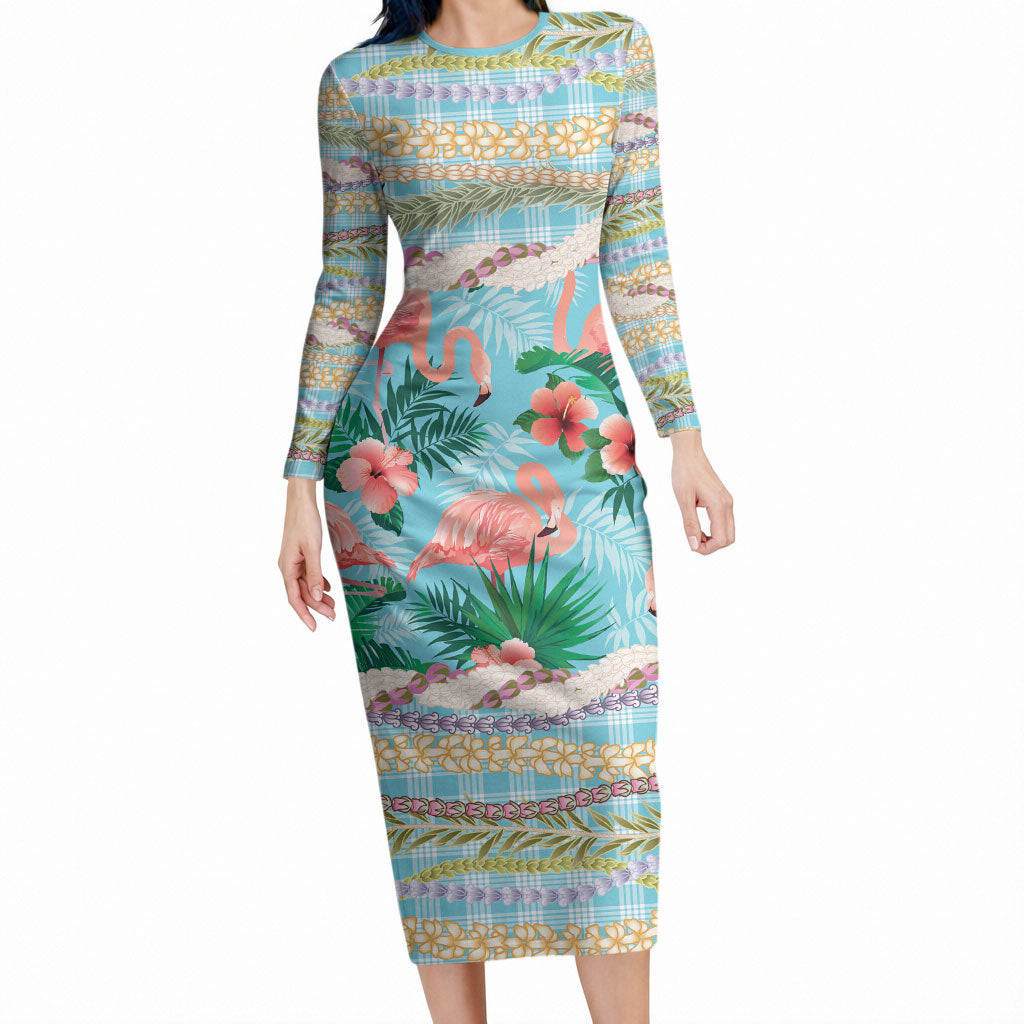 Flamingo Hawaii Summer Long Sleeve Bodycon Dress Hawaiian Lei Pakala Motifs Tropical Style LT14 Long Dress Cyan - Polynesian Pride
