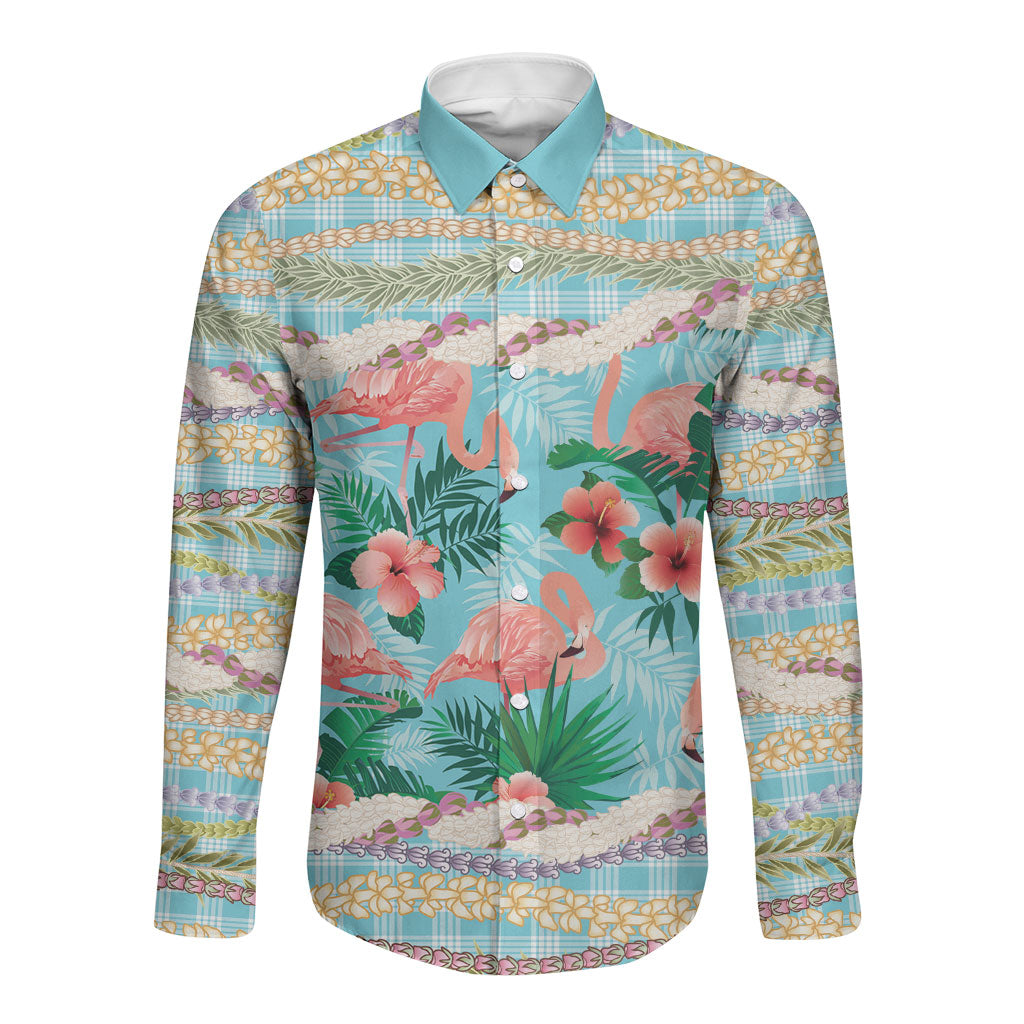 Flamingo Hawaii Summer Long Sleeve Button Shirt Hawaiian Lei Pakala Motifs Tropical Style LT14 Unisex Cyan - Polynesian Pride