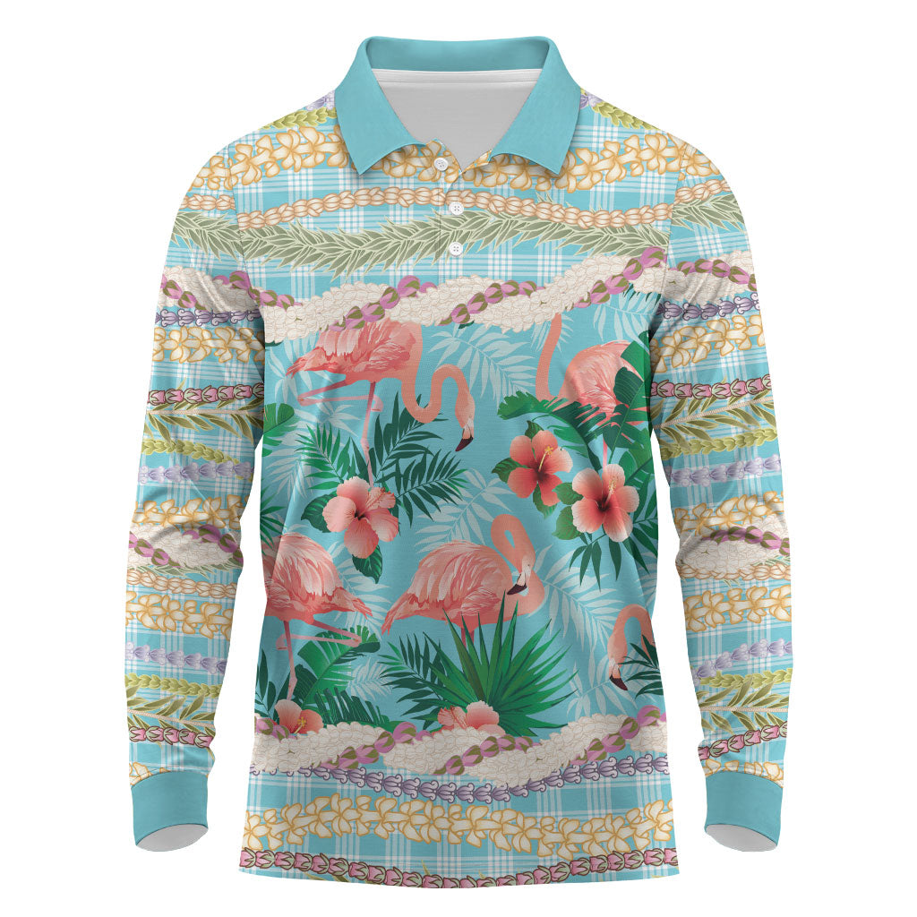 Flamingo Hawaii Summer Long Sleeve Polo Shirt Hawaiian Lei Pakala Motifs Tropical Style LT14 Cyan - Polynesian Pride
