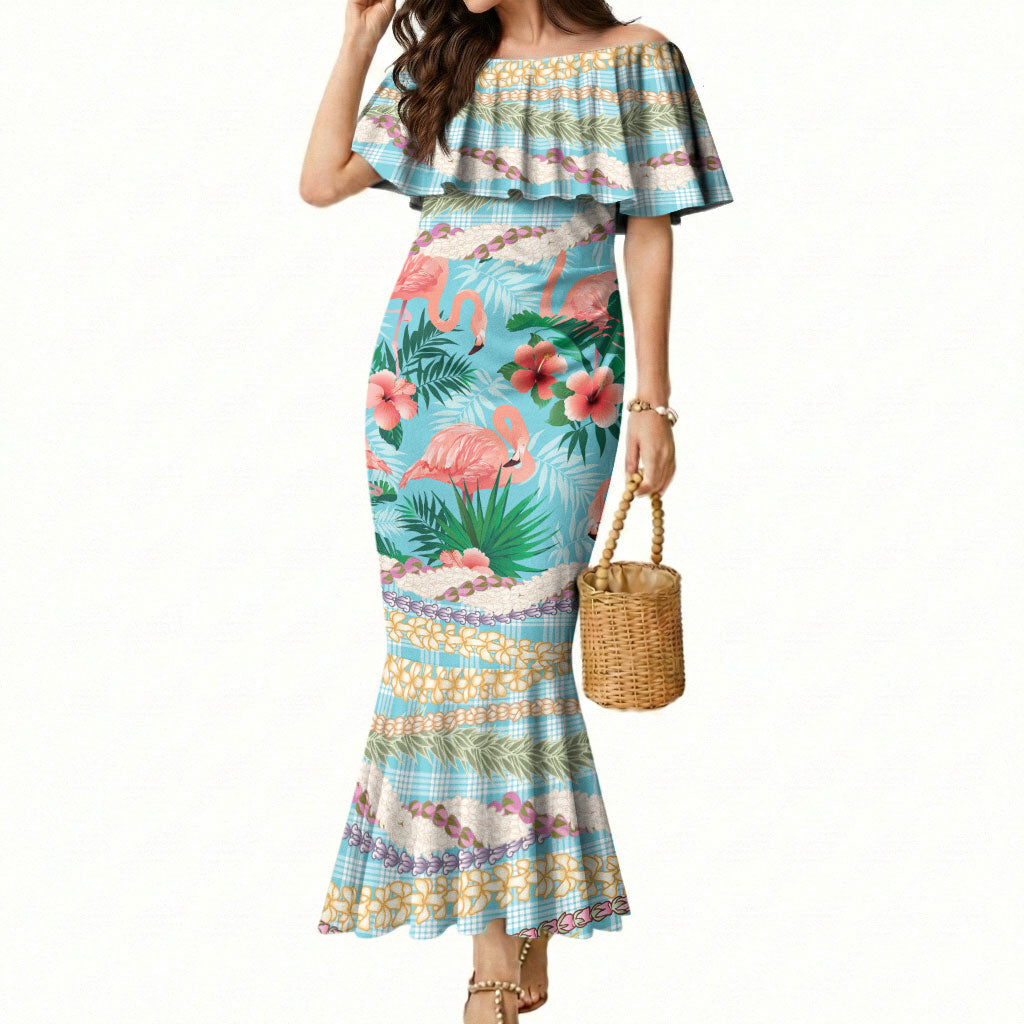 Flamingo Hawaii Summer Mermaid Dress Hawaiian Lei Pakala Motifs Tropical Style LT14 Women Cyan - Polynesian Pride
