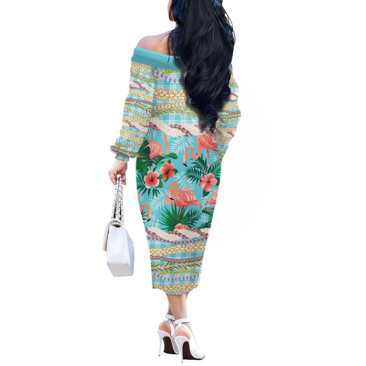 Flamingo Hawaii Summer Off The Shoulder Long Sleeve Dress Hawaiian Lei Pakala Motifs Tropical Style LT14 - Polynesian Pride