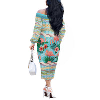 Flamingo Hawaii Summer Off The Shoulder Long Sleeve Dress Hawaiian Lei Pakala Motifs Tropical Style LT14 - Polynesian Pride