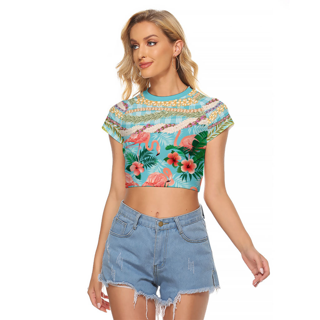 Flamingo Hawaii Summer Raglan Cropped T Shirt Hawaiian Lei Pakala Motifs Tropical Style LT14 Female Cyan - Polynesian Pride