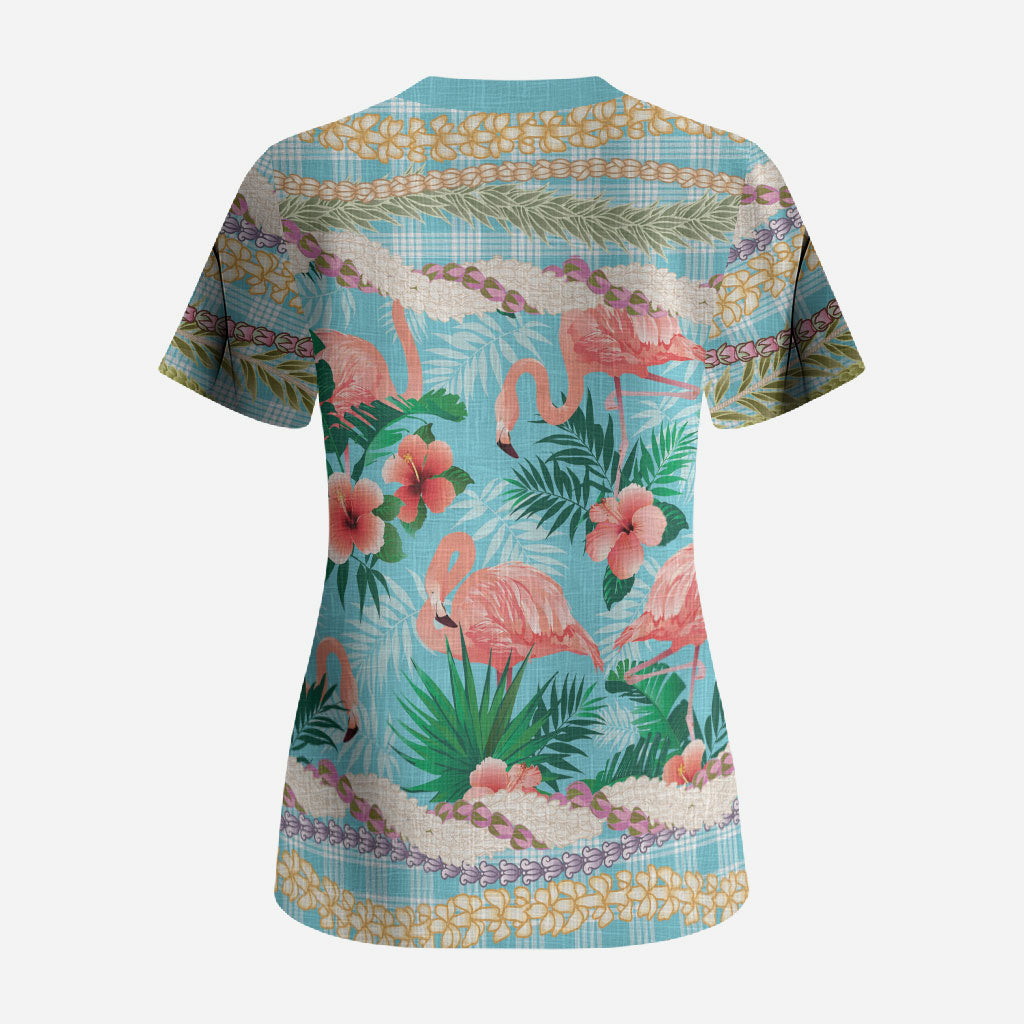 Flamingo Hawaii Summer Scrub Top Hawaiian Lei Pakala Motifs Tropical Style